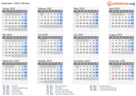 Kalender 2022 mit Ferien und Feiertagen Ghana