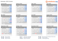 Kalender 2022 mit Ferien und Feiertagen Jemen