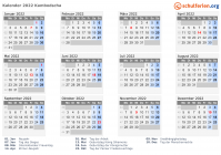 Kalender 2022 mit Ferien und Feiertagen Kambodscha
