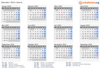 Kalender 2022 mit Ferien und Feiertagen Liberia