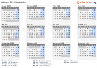 Kalender 2022 mit Ferien und Feiertagen Madagaskar