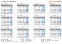 Kalender 2022 mit Ferien und Feiertagen Mosambik
