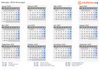 Kalender 2022 mit Ferien und Feiertagen Nicaragua
