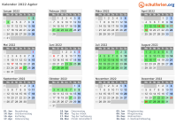 Kalender 2022 mit Ferien und Feiertagen Agder