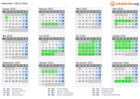 Kalender 2022 mit Ferien und Feiertagen Oslo