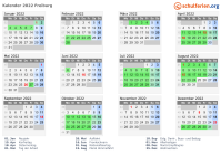 Kalender 2022 mit Ferien und Feiertagen Freiburg