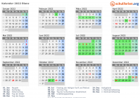 Kalender 2022 mit Ferien und Feiertagen Blanz