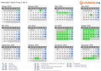 Kalender 2022 mit Ferien und Feiertagen Prag 1 bis 5