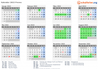 Kalender 2022 mit Ferien und Feiertagen Prerau