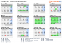 Kalender 2022 mit Ferien und Feiertagen Reichenau an der Knieschna