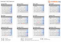 Kalender 2023 mit Ferien und Feiertagen Bahrain