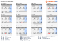 Kalender 2023 mit Ferien und Feiertagen Guyana