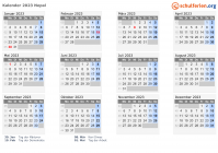 Kalender 2023 mit Ferien und Feiertagen Nepal