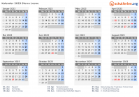 Kalender 2023 mit Ferien und Feiertagen Sierra Leone
