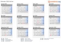 Kalender 2023 mit Ferien und Feiertagen Syrien