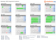 Kalender 2023 mit Ferien und Feiertagen Ungarisch Hradisch