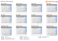Kalender 2024 mit Ferien und Feiertagen Angola