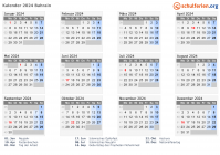 Kalender 2024 mit Ferien und Feiertagen Bahrain