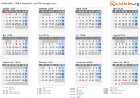 Kalender 2024 mit Ferien und Feiertagen Bosnien und Herzegowina