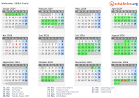 Kalender 2024 mit Ferien und Feiertagen Paris