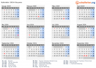 Kalender 2024 mit Ferien und Feiertagen Guyana