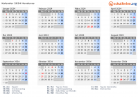 Kalender 2024 mit Ferien und Feiertagen Honduras