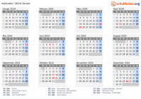 Kalender 2024 mit Ferien und Feiertagen Israel