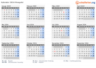 Kalender 2024 mit Ferien und Feiertagen Mongolei