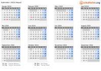 Kalender 2024 mit Ferien und Feiertagen Nepal