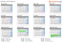 Kalender 2024 mit Ferien und Feiertagen Telemark