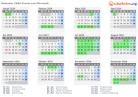 Kalender 2024 mit Ferien und Feiertagen Troms und Finnmark