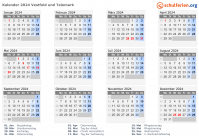 Kalender 2024 mit Ferien und Feiertagen Vestfold und Telemark