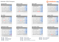 Kalender 2024 mit Ferien und Feiertagen Paraguay