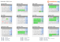 Kalender 2024 mit Ferien und Feiertagen Jura