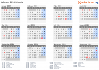Kalender 2024 mit Ferien und Feiertagen Schweiz