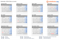 Kalender 2024 mit Ferien und Feiertagen Sierra Leone