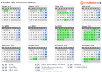 Kalender 2024 mit Ferien und Feiertagen Mährisch Schönberg