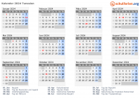 Kalender 2024 mit Ferien und Feiertagen Tunesien