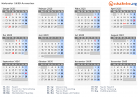Kalender 2025 mit Ferien und Feiertagen Armenien