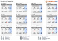 Kalender 2025 mit Ferien und Feiertagen Belgien