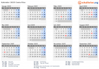 Kalender 2025 mit Ferien und Feiertagen Costa Rica