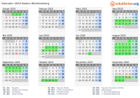 Kalender 2025 mit Ferien und Feiertagen Baden-Württemberg