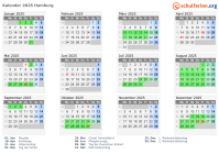 Kalender 2025 mit Ferien und Feiertagen Hamburg