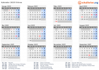 Kalender 2025 mit Ferien und Feiertagen Eritrea