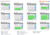 Kalender 2025 mit Ferien und Feiertagen Paris