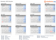 Kalender 2025 mit Ferien und Feiertagen Guyana