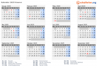 Kalender 2025 mit Ferien und Feiertagen Kosovo