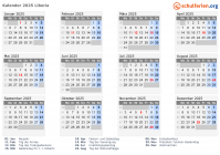 Kalender 2025 mit Ferien und Feiertagen Liberia