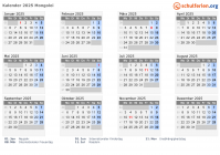 Kalender 2025 mit Ferien und Feiertagen Mongolei