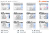 Kalender 2025 mit Ferien und Feiertagen Vestfold und Telemark